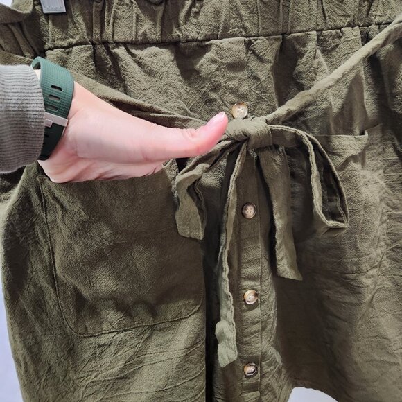 Army olive Green button down bow tie belt elastic skirt - Picture 2 of 4